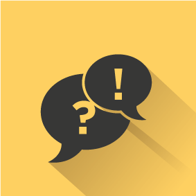 Piktogramm zweier Sprechblasen, wobei eine ein Fragezeichen und die andere ein Ausrufezeichen enthält, auf gelbem Hintergrund. 