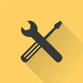 Piktogramm zwei sich kreuzender Werkzeuge (Schraubendreher und Schraubenschlüssel), auf einem gelben Hintergrund.